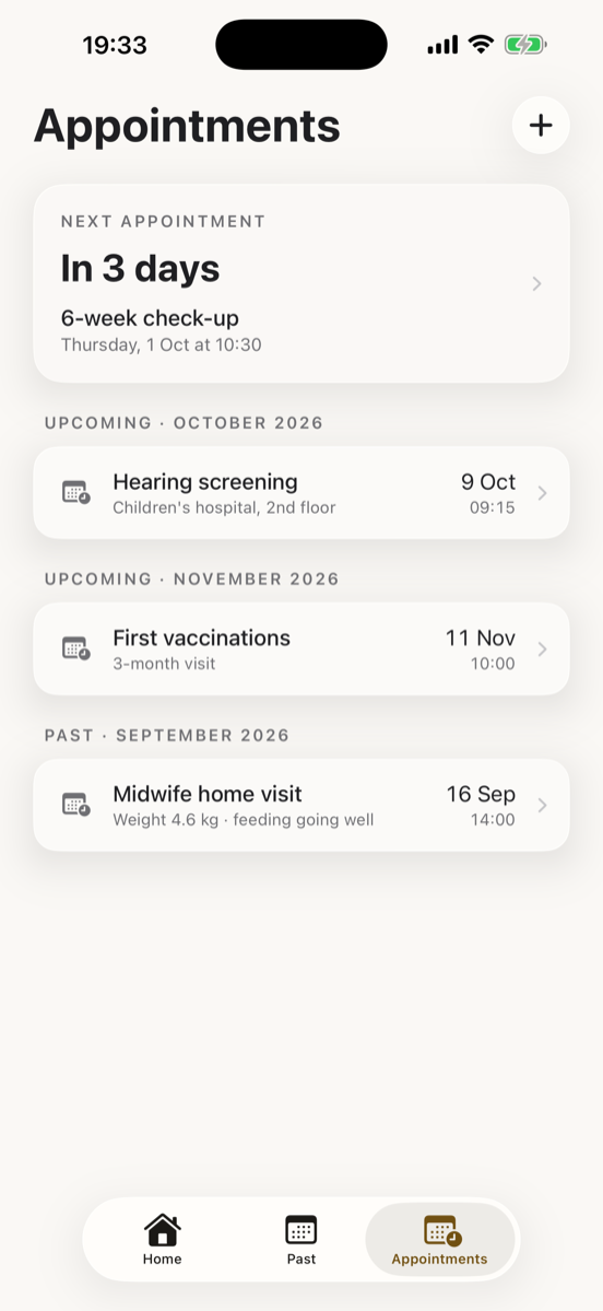 Appointments: the next well-baby checkup, a hearing screening, and first vaccinations.