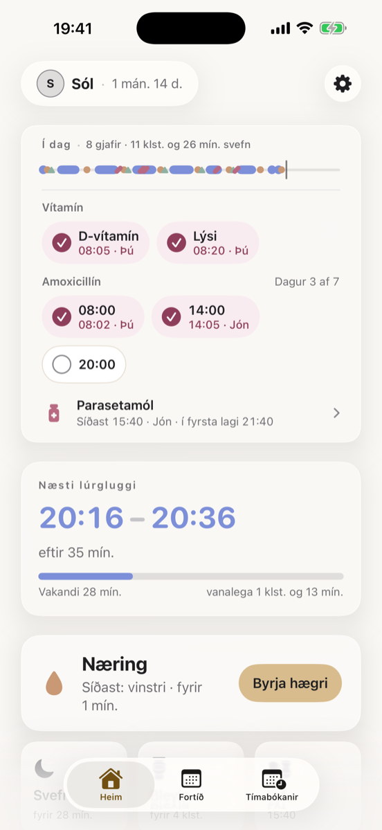 Í dag-spjaldið: D-vítamín og lýsi merkt við, og sýklalyfjakúr á degi 3 af 7.